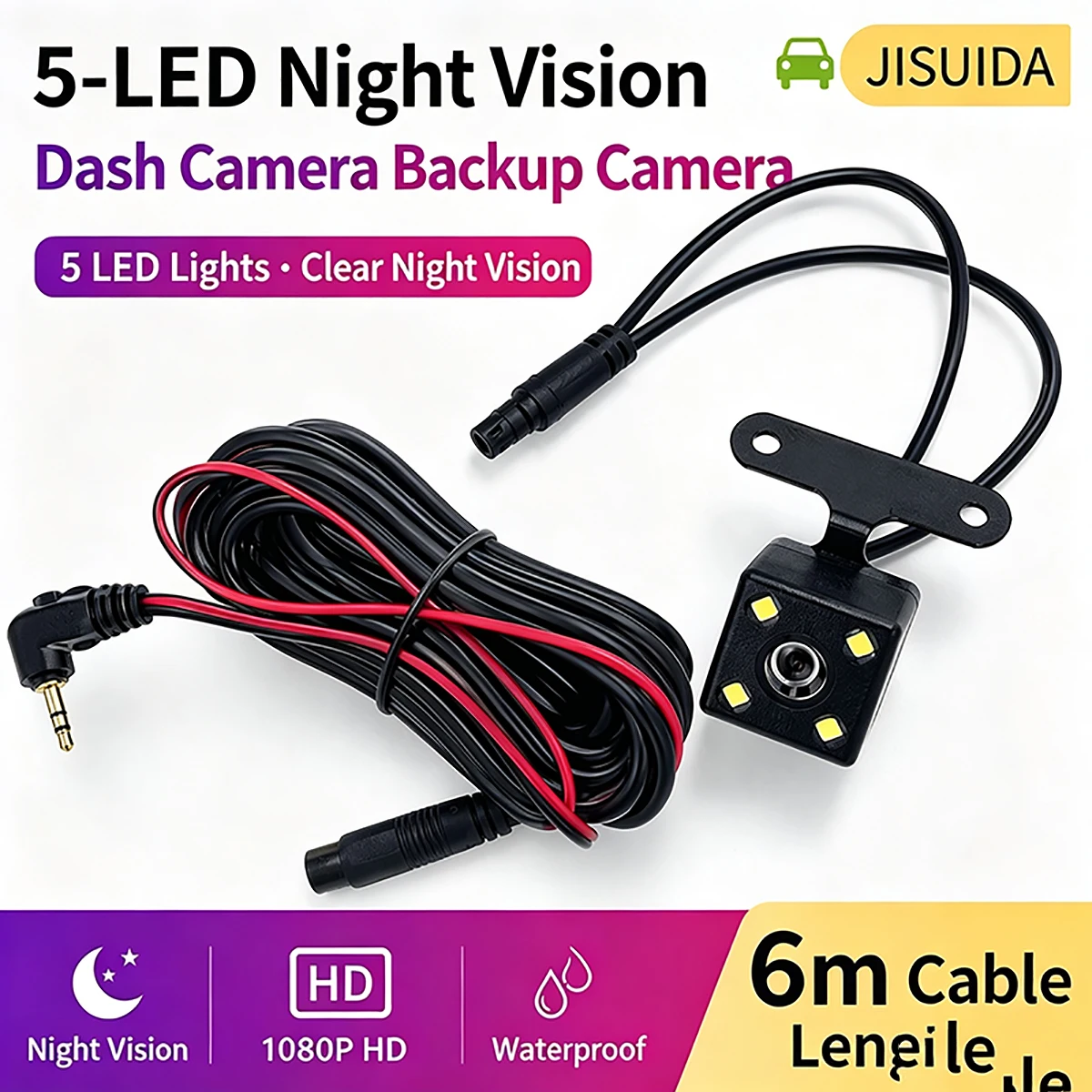 Caméra de recul JISUIDA pour voiture, enregistreur de conduite, caméra arrière 5 broches 4 lampes, vision nocturne ultra-claire