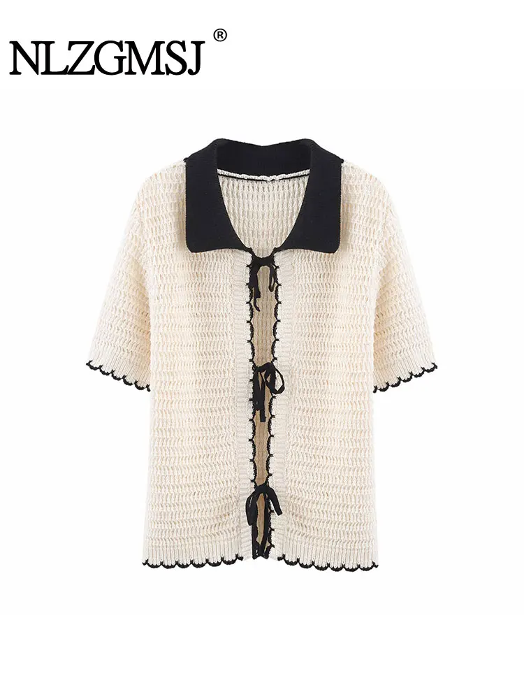 

2025 летний повседневный шикарный женский вязаный крючком свитер с однотонным бантом и короткими рукавами, вязаные топы, новый модный свитер