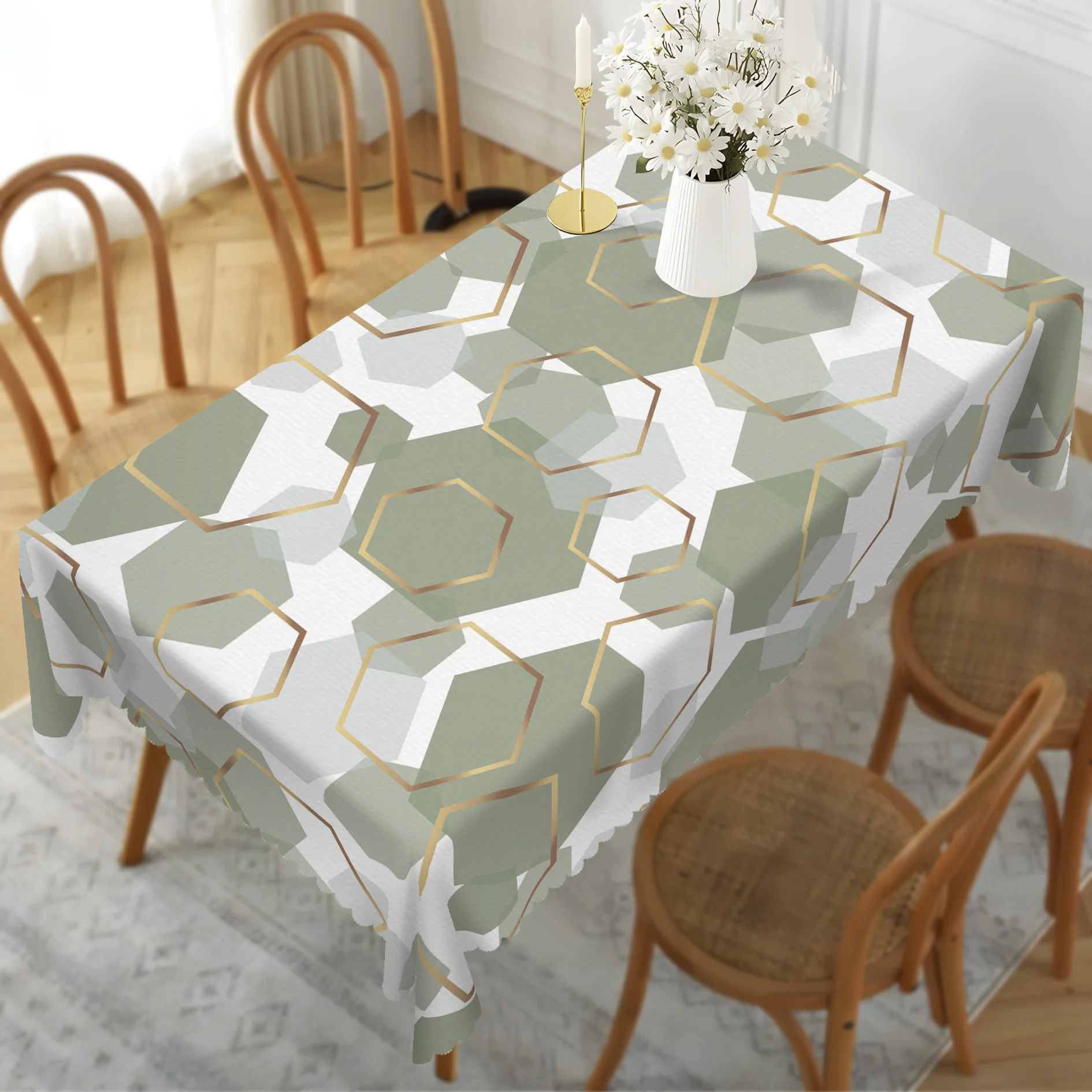 Geometric tablecloth, sage green with gold plating, geometric design in modern elegant style, perfect for summer decorationzyc