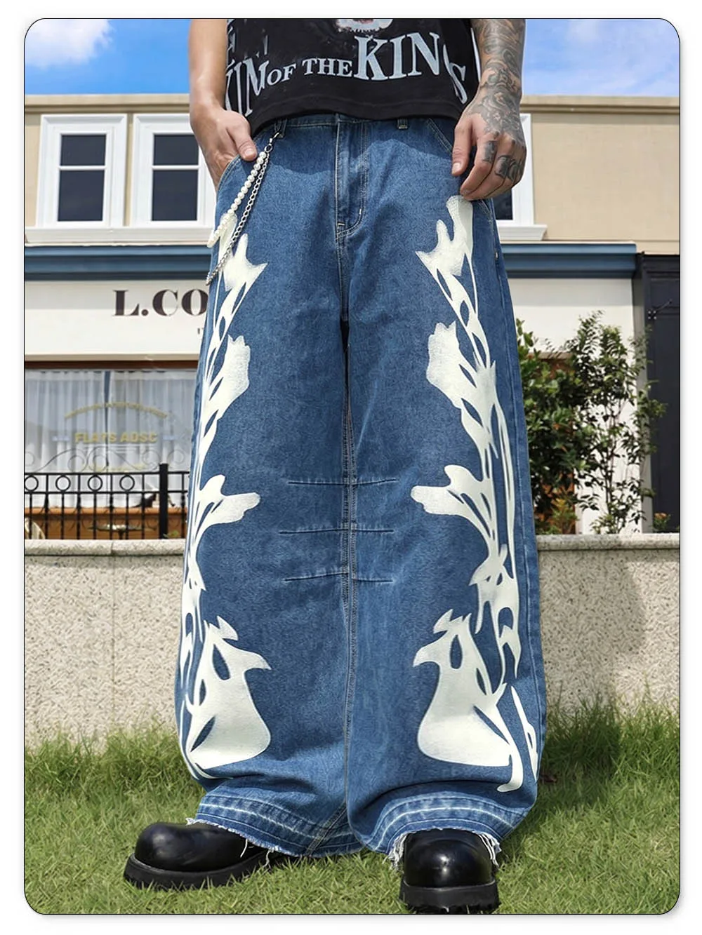 LIYS Men's American High Street Flame Printed Jeans Retro Fashion Loose Wide Leg Hairy Straight Leg Floor Pants Trendy Brand Y2K
