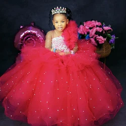 Red Crystals Flower Girl Dresses Customized Ball Gown Tulle Sheer Neck Vintage Little Girl Christmas Pageant Birthday Dress
