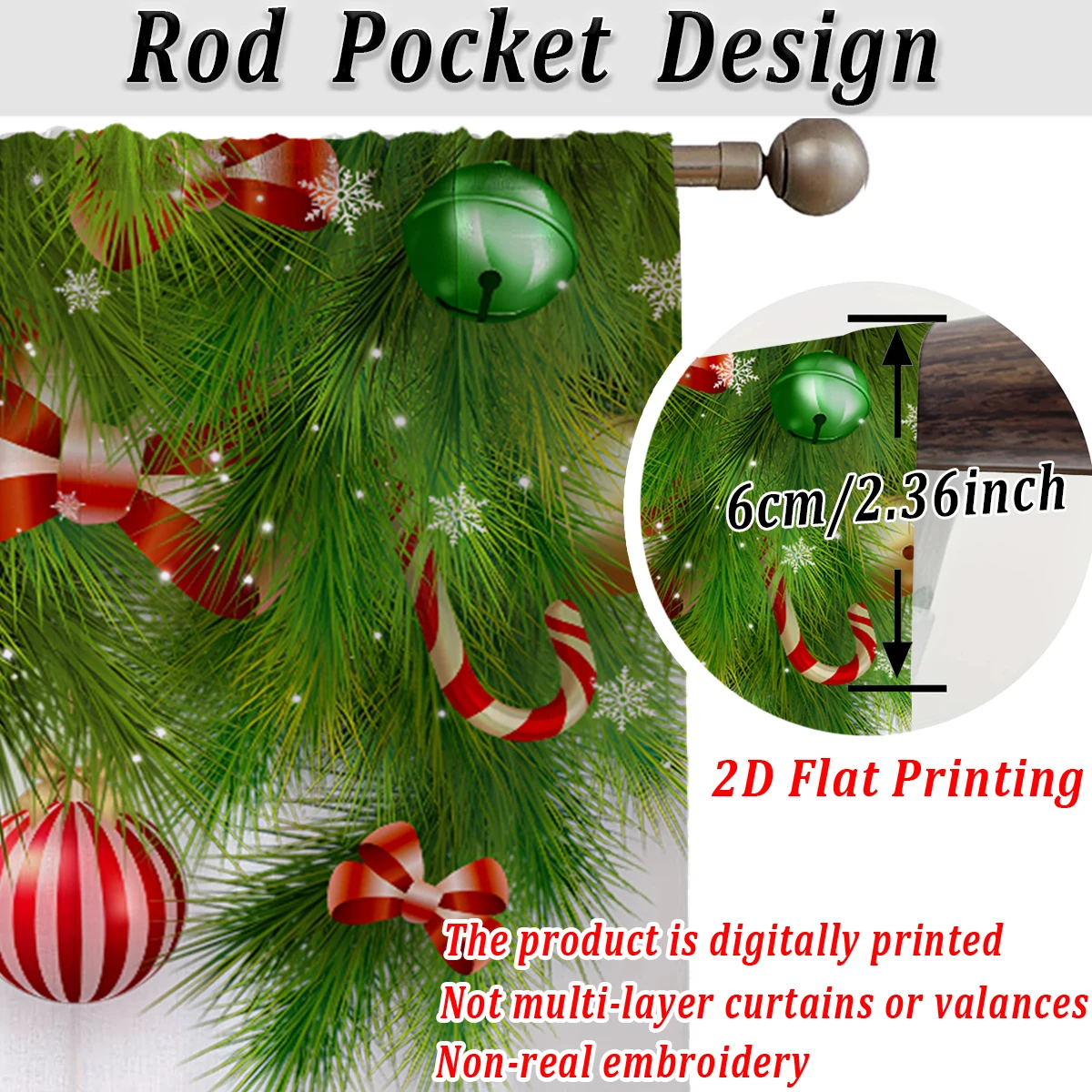 ستارة شفافة مطبوعة مسطحة لعيد الميلاد مع فروع كرة الصنوبر لعيد الميلاد وحلوى القوس لغرفة المعيشة وغرفة النوم وحفلات العطلات