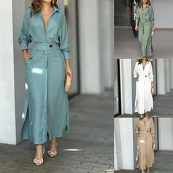 2024 Wiosenna elegancka sukienka damska Plus Size White Casual V Neck Lapel Long Sleeve Shirt Maxi Dresses Female Pocket Party Long Robe