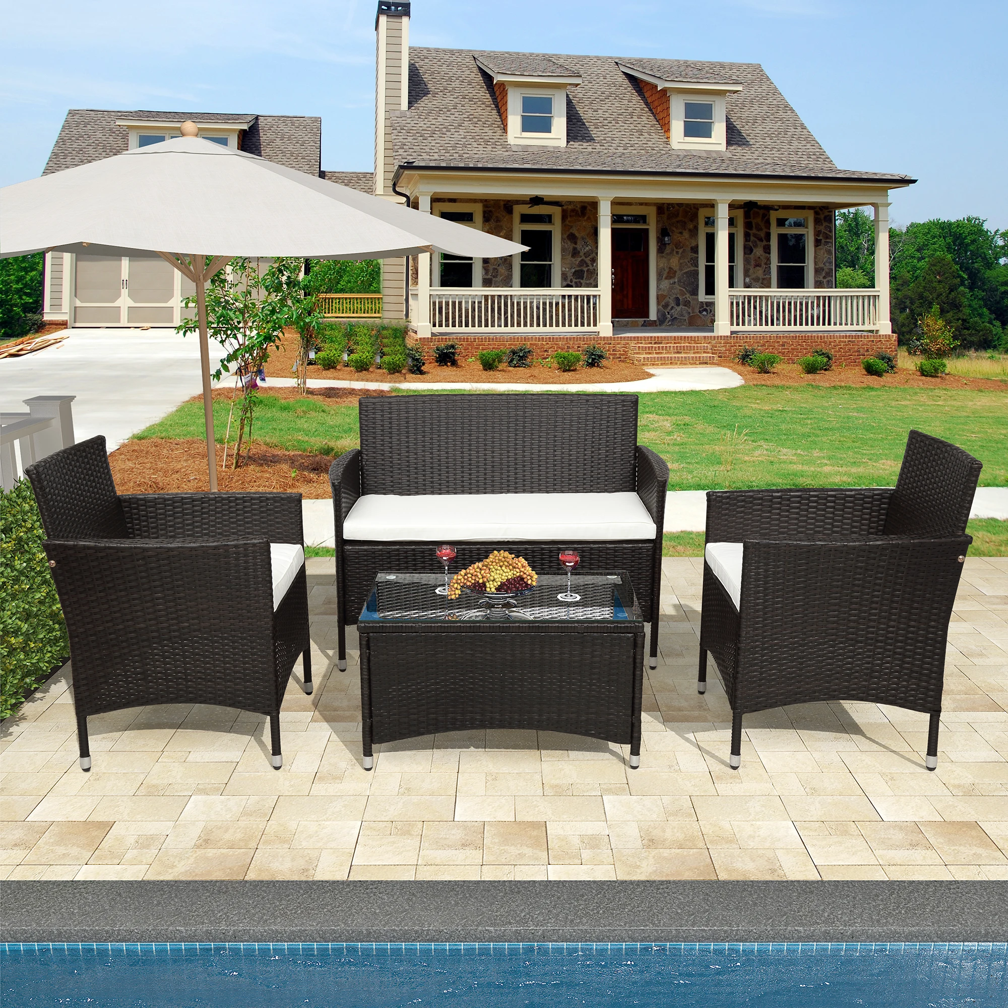 

4 Piece Rattan Sofa Seating Group with Cushions Outdoor Backyard Patio Furniture Set[US-Stock]