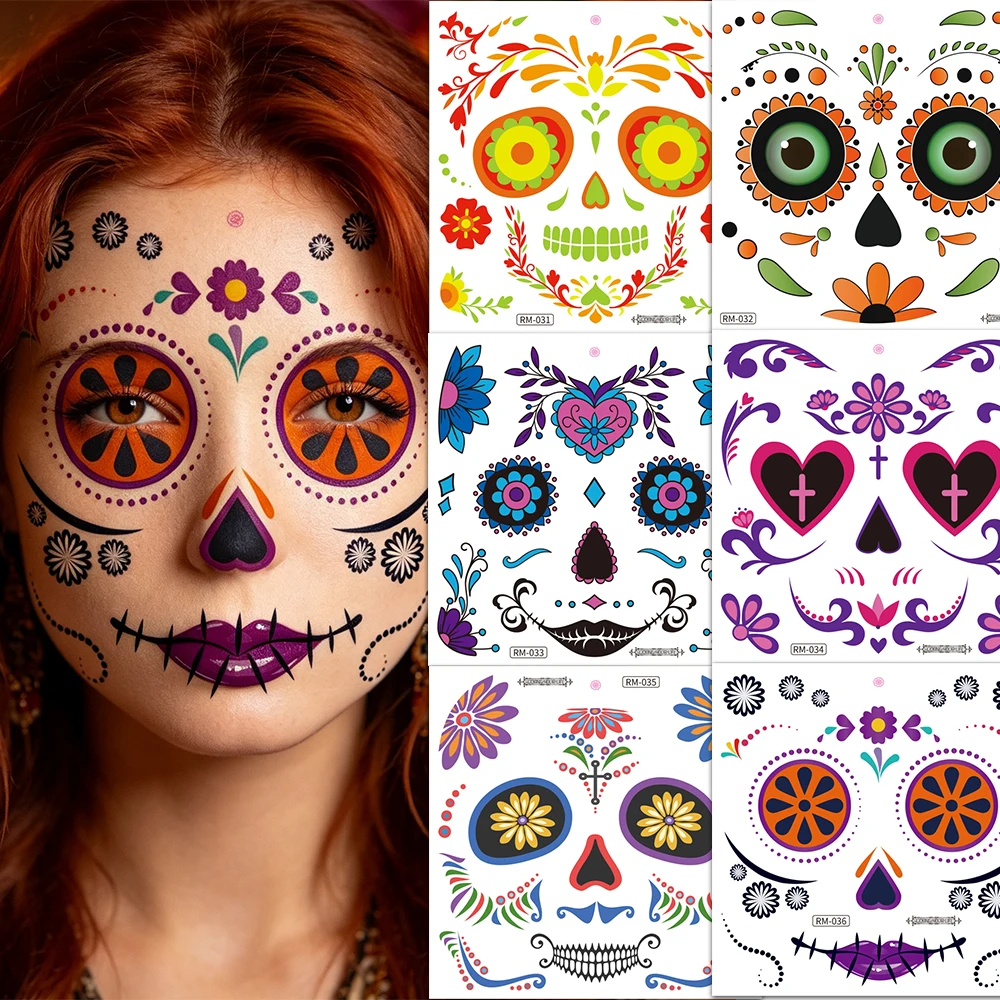 6pcs Halloween Face Temporary Tattoo Stickers, Halloween Day Of The Dead Series Skull Mouth Floral Makeup Prank Fake Tattoo Stic