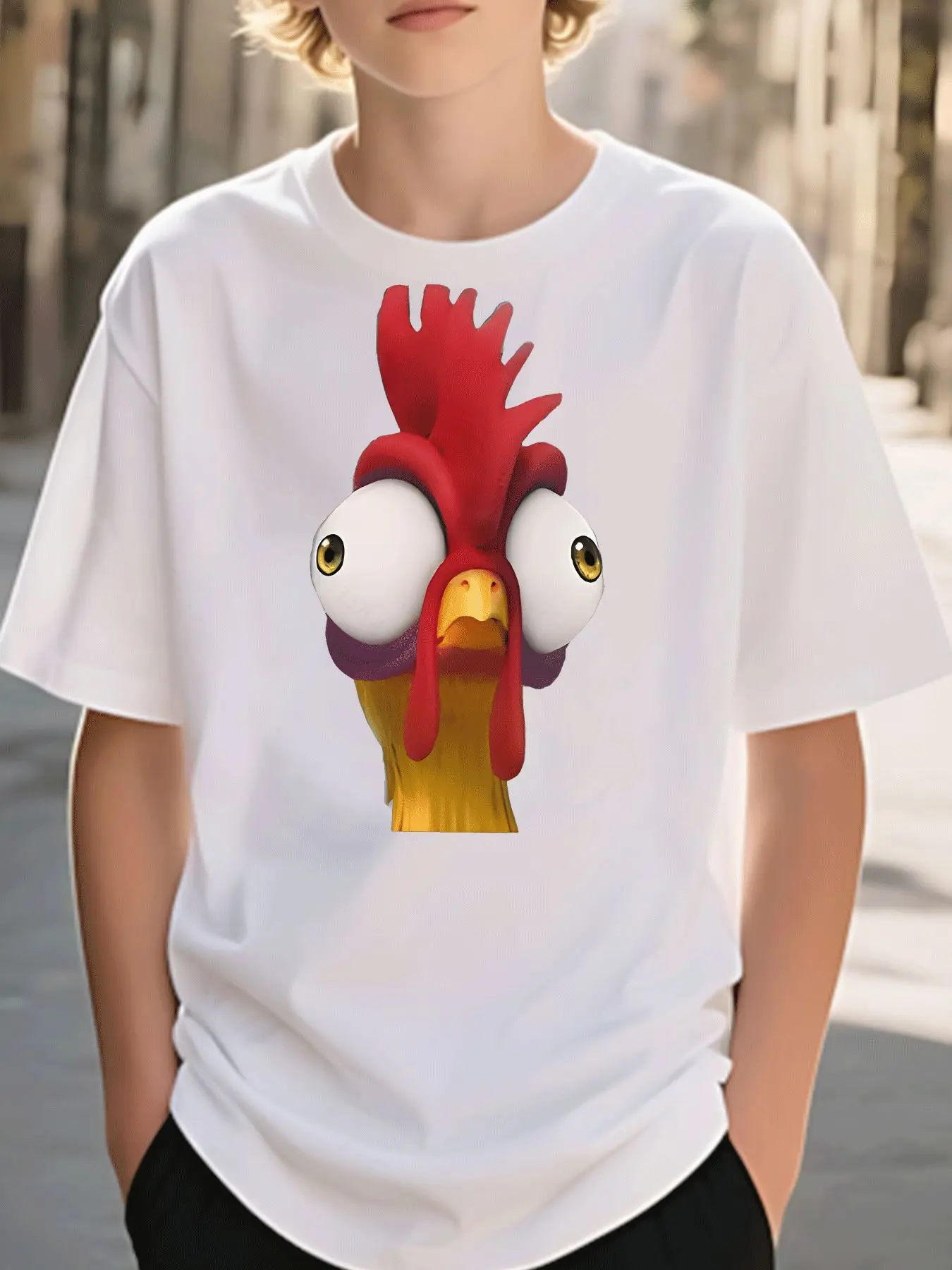 Children's T-shirt Casual Cute Big Eyes Red Rooster Head Pattern T-shirt Children's Clothing Street Style Parent-child Outfit