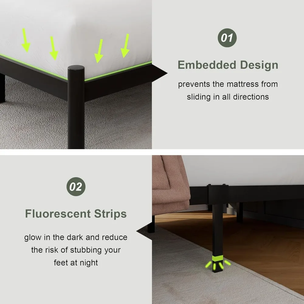 إطار سرير Feonase بحجم كينج مع لوح رأسي، إطار سرير معدني أسود شديد التحمل مع 13 شريحة فولاذية صلبة، و12 مساحة تخزين تحت السرير
