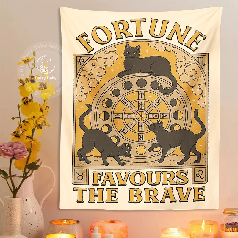 Moon Phase Cat Tapestry Wall Hanging Fortune Favours The Brave Occult Tarot Constellation Boho Hippie Room Wall Decor Home Decor