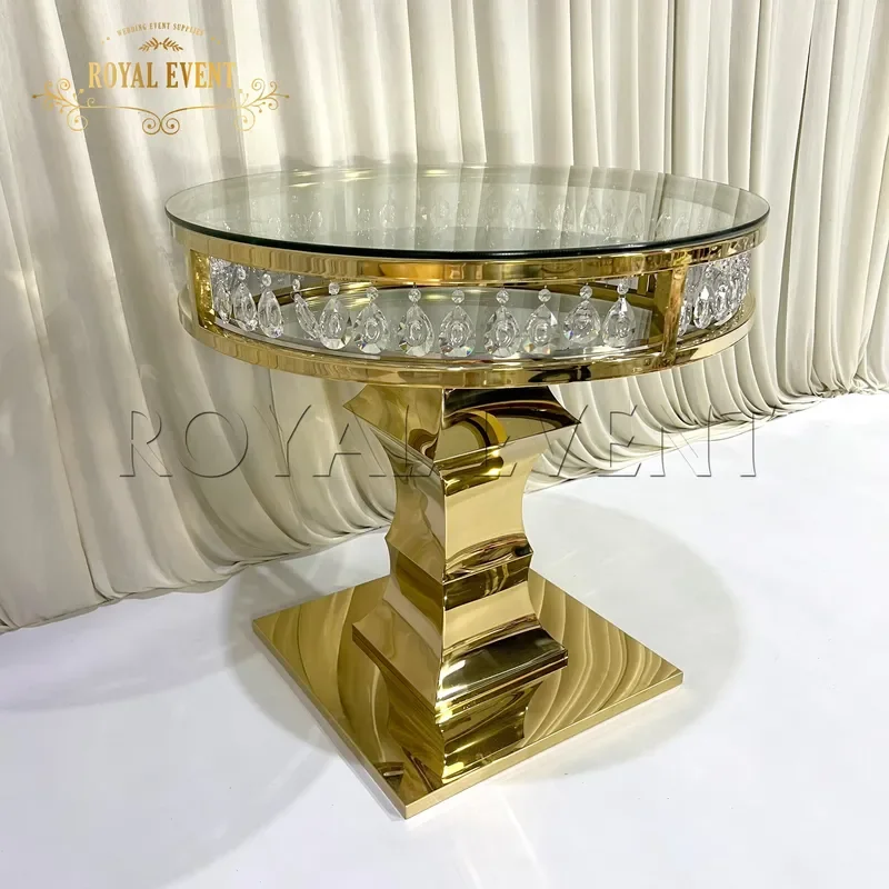 Luxury Gold Flower Stand Crystal Decor Stainless Steel Round Cake Table for Wedding Party Supplies New Design Event