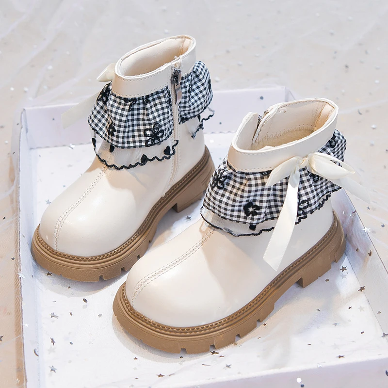 Toddler Girls Plaid Lace Fleece Lined Ankle Boots, Bow Decor Side Zipper Warm Winter Dress Boots for Party Daily Wear