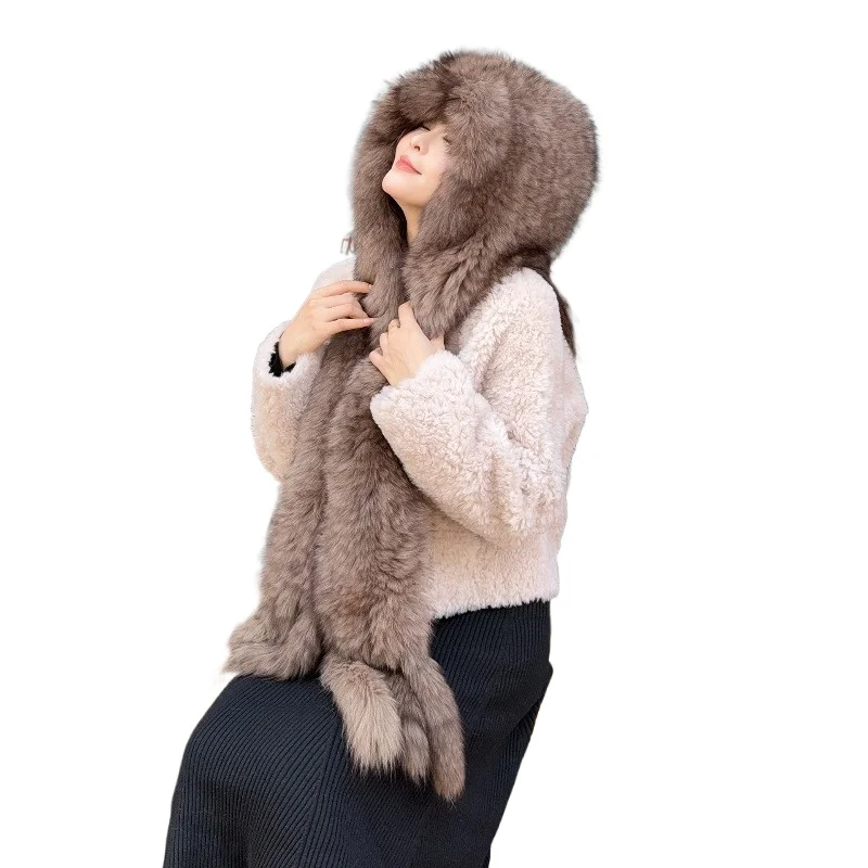 Fox hair thickened woven snow hat women's one winter warm fur fur all-inclusive ear hat