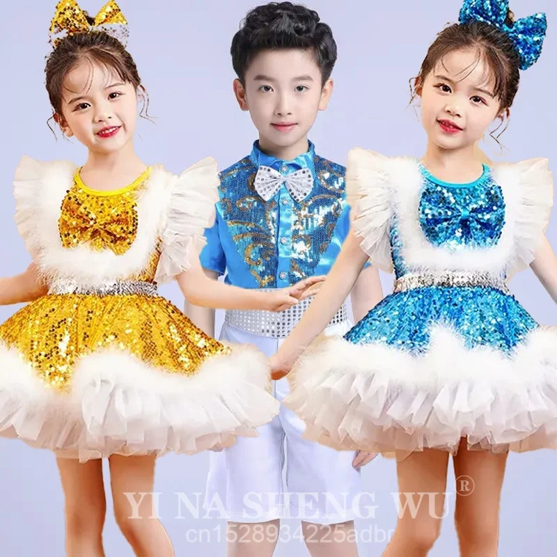 ジャズダンスボーイズスーツ-スパンコールダンスドレス-ガールズキッズダンスコスチューム-ガールズキッズ衣装-チアリーダーコスチューム-ダンスウェア-ガールズ