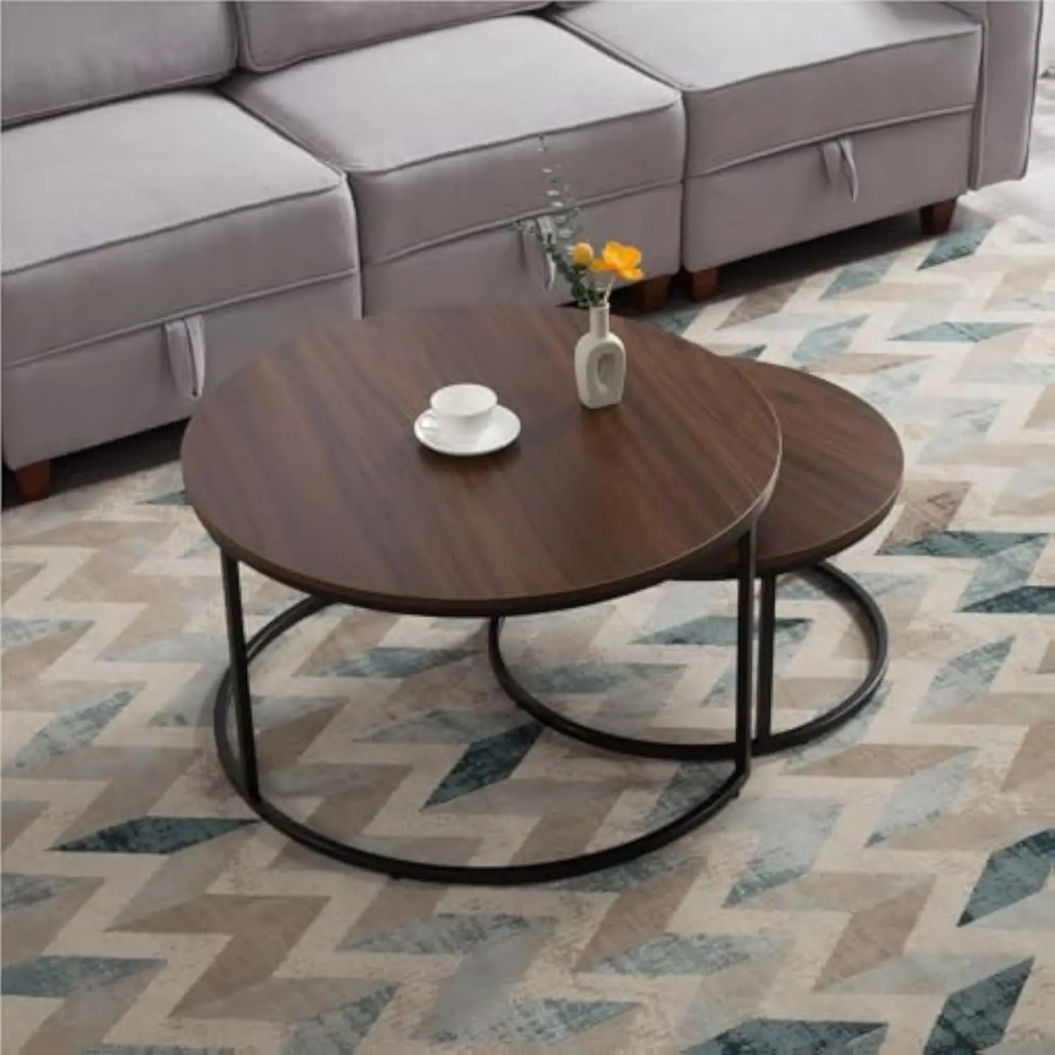 

Round Nesting Coffee Tables Set, Modern Wood & Metal Design for Living Room (Brown)