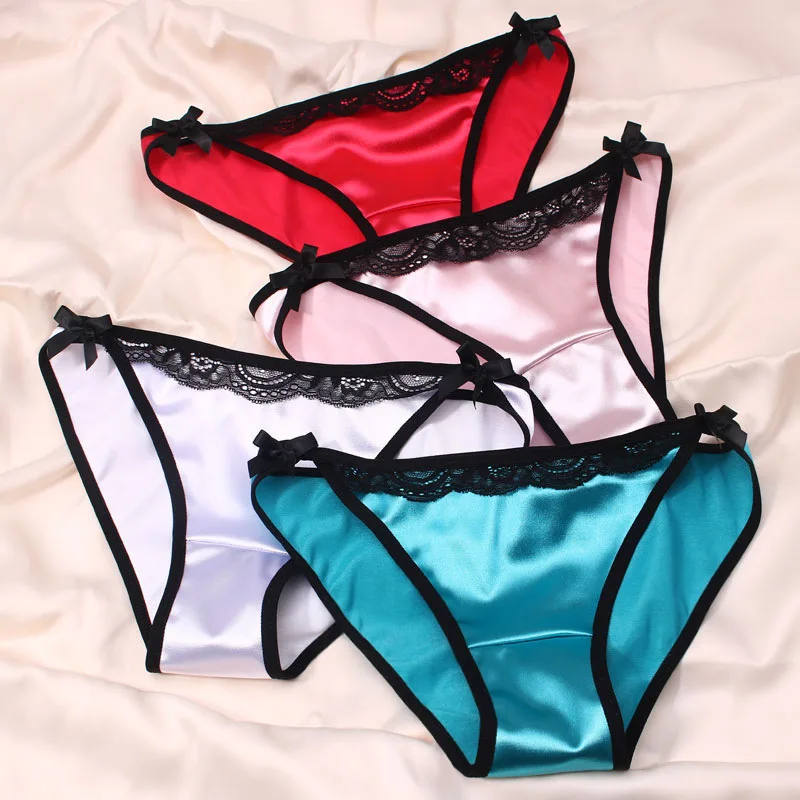 

New Underwear Women's Silk Like Women's Shorts Double Bowknot Cotton Crotch Low Rise Triangle Pants Panties Women Thongs