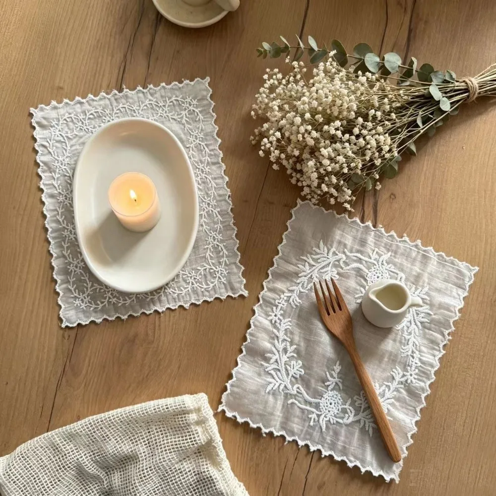 New Flower Embroidered Lace Placemats Soft Flounced Lightweight Table Cup Mat Square French Coasters Photo Background