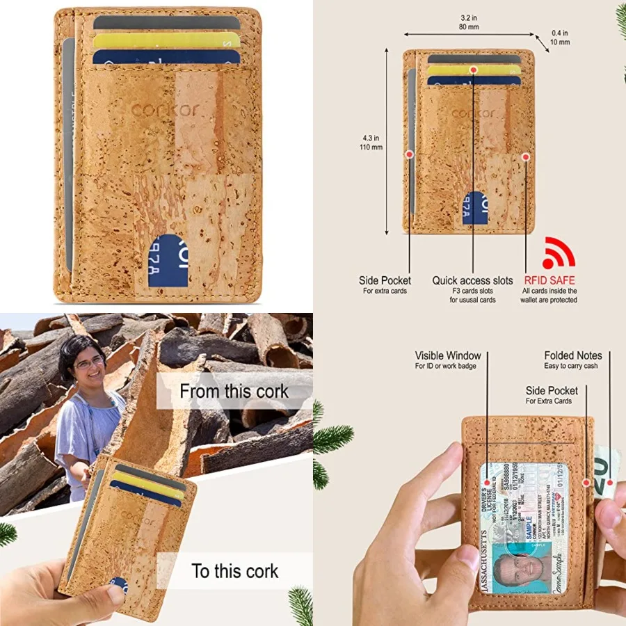 

Cork Card Holder Men - Cork Wallet - Vegan Leather - Minimalist Slim Front Pocket RFID