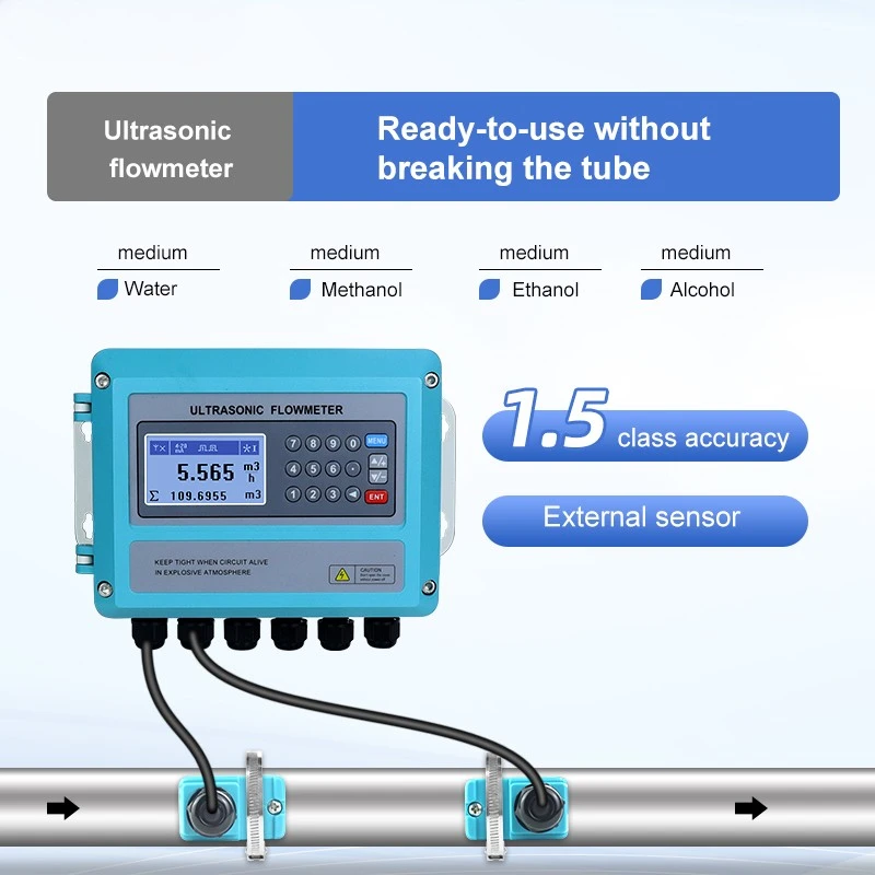 Digital Clamp On Ultrasonic Flowmeter Portable Wall Mounted External Ultrasonic Water Flow Meter