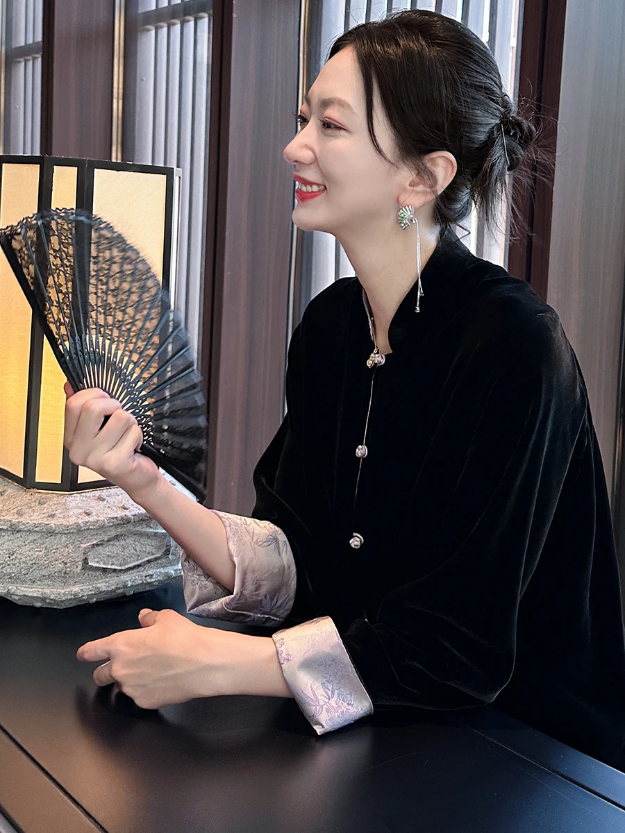 

Женское винтажное пальто Xu Beiting из китайского шелкового бархата, двустороннее, на одной пуговице, с отворотами на рукавах и воротником-стойкой