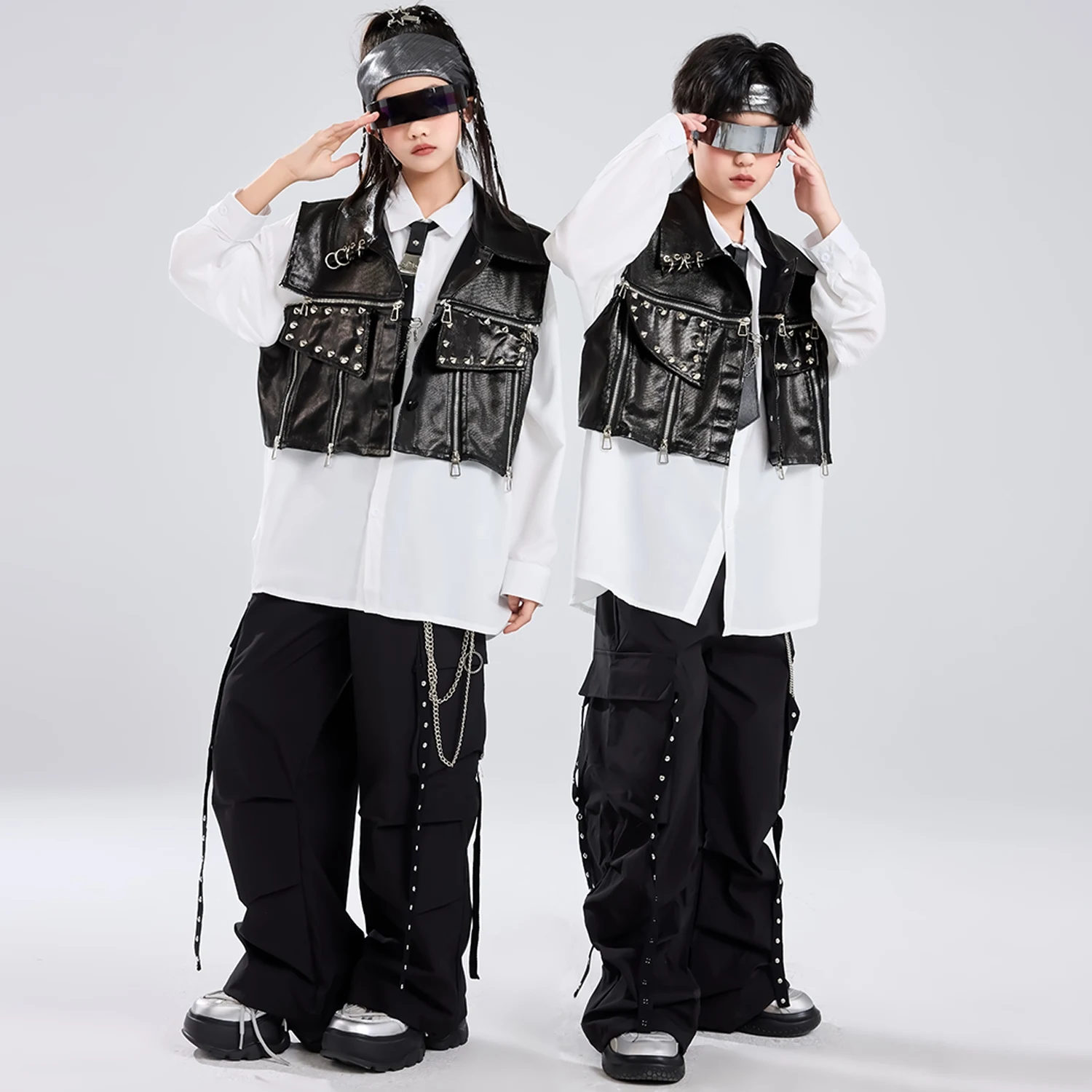 Cool หล่อ Hip Hop Dance เครื่องแต่งกายเด็กกลองแสดงเสื้อผ้าหนังสีดําเสื้อกั๊กกางเกงสูทสาวคอนเสิร์ตเวทีชุด BL15672