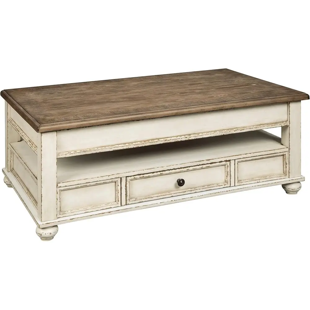 

Vintage Inspired Rectangular Lift-Top Coffee Table with Storage, White and Brown