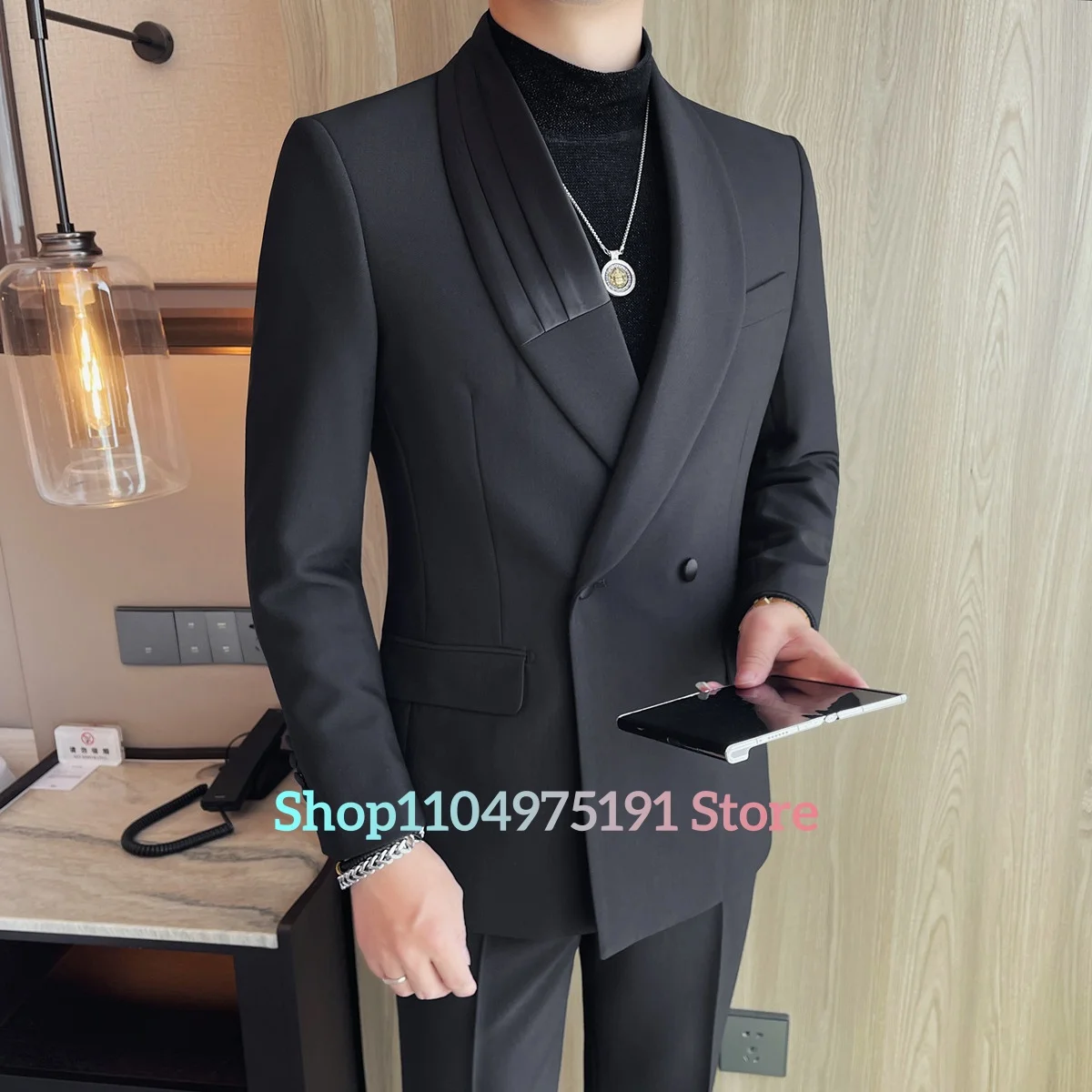 صدر مزدوج، ياقة شال، بدلة ترفيهية مرقعة، بدلة رجالية ضيقة مكونة من قطعتين. بدلة رجالية مكونة من قطعتين (سترة + بنطلون) #2