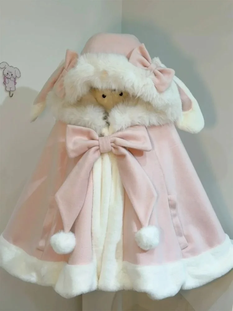 Lolita Style Cute Rabbit Ear Woolen Coat Women's Winter New Gentle Sweet Bow Knot Hooded Cloak Fashionable Elegant Design