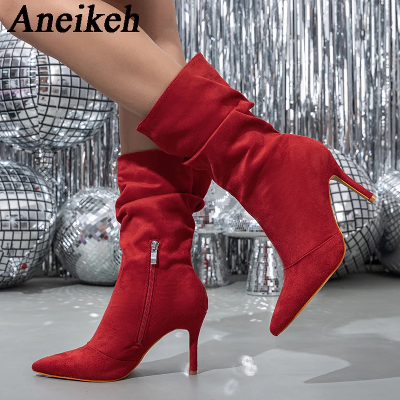 Aneikeh NEW Fashion Mid-Calf Boots Sexy Flock Sewing Pleated Pointed Toe Zippers for Thin High Heels Wedding Women Shoes Apricot