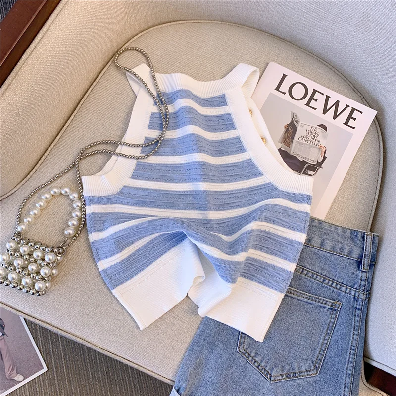 Halter Slim Striped Knitted Vests Women Crop Tops 2024 Summer Sleeveless Gold Buttons Knitwear Sexy Elegant Streetwear Vests