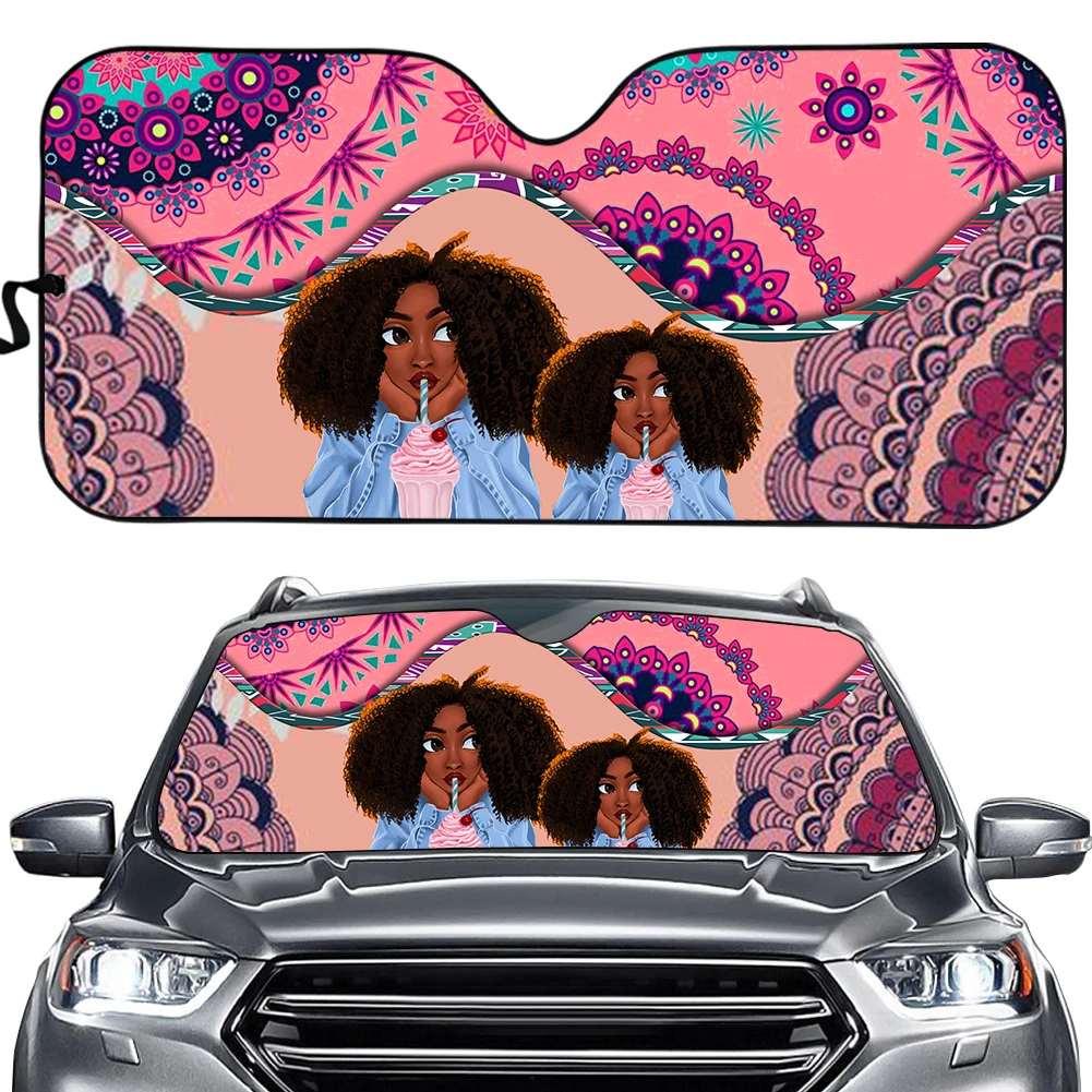 INSTANTARTS Bohemia Style Durable Sun Shade African Women Interior Protector Heat Reflector Foldable Car Windshield Sunshade