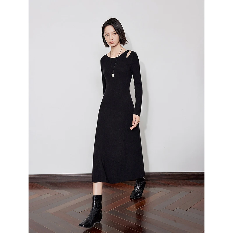 TOYOUTH Women Knitted Dress 2024 Autumn Winter New Elegant Style Off Shoulder Slim Waist Ankle Length Black Party Dress