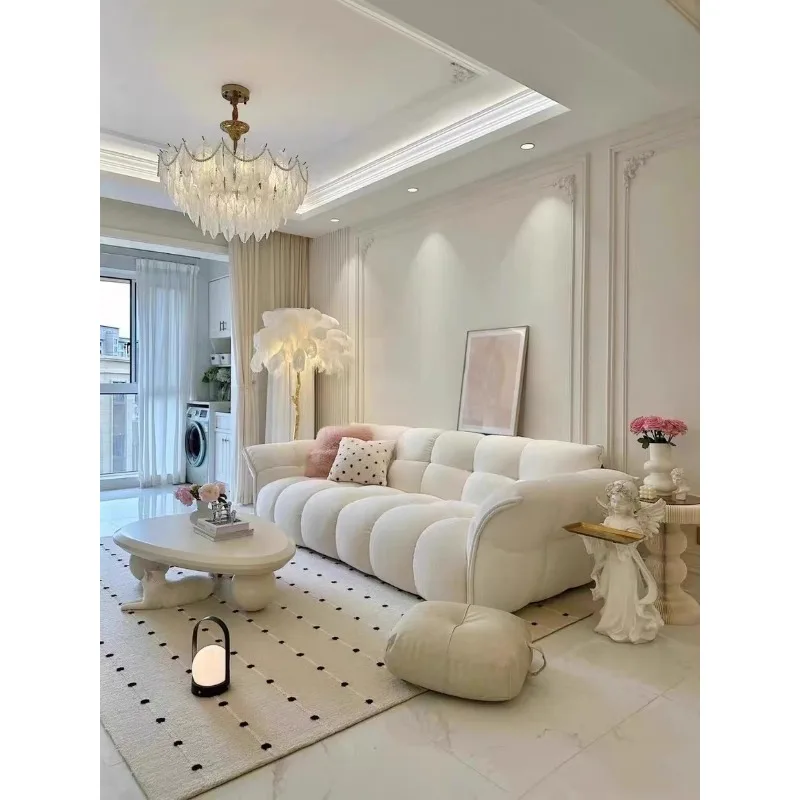 French wabi **** cream wind lily sofa light luxury Internet celebrity straight row marshmallow lamb wool cloud petal sofa