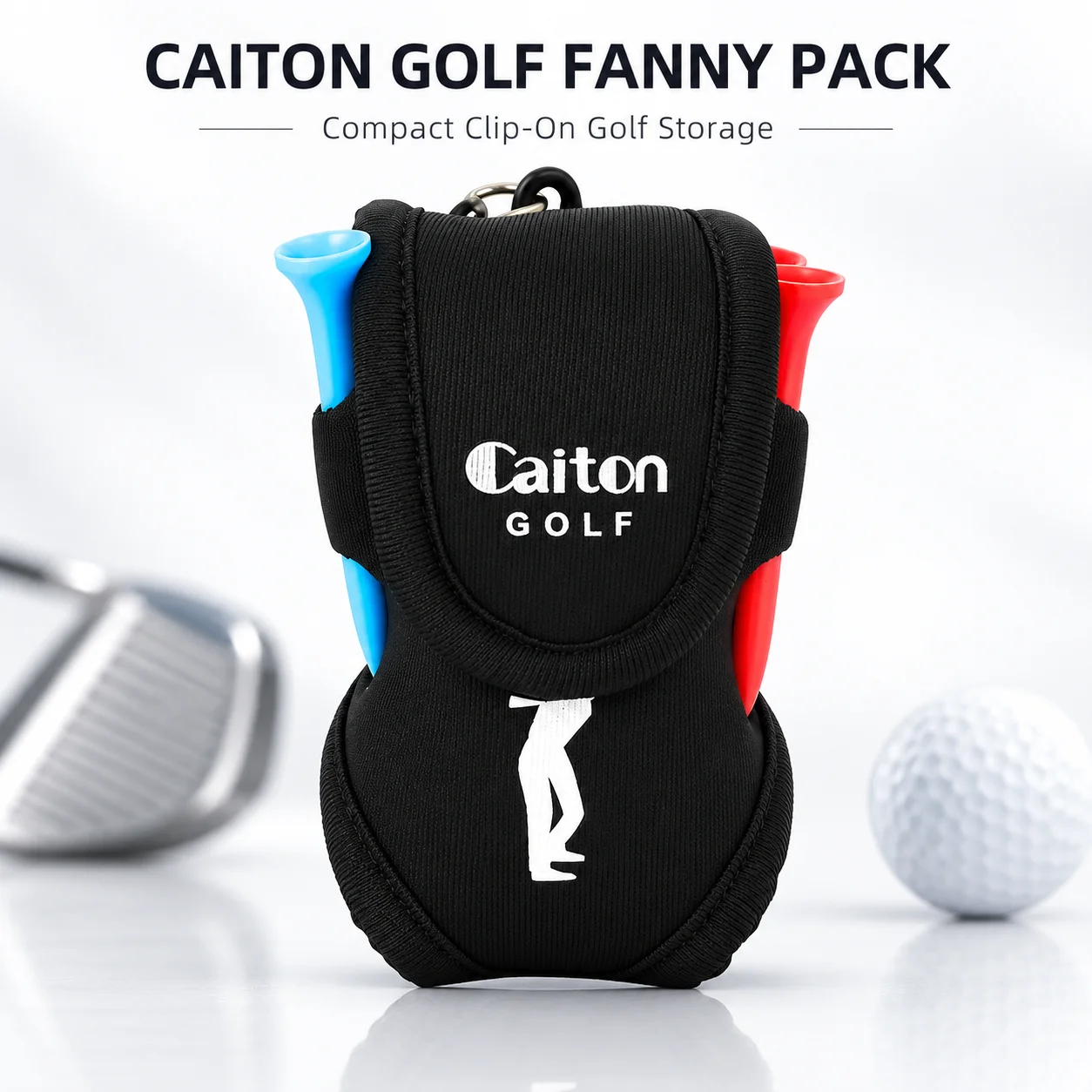 Caiton Golf Ball Pouch & Tee Holder, Clip-On Golf Ball Bag, Holds 2 Balls 4 Tees, Portable Golf Organizer, Golf Bag Accessory