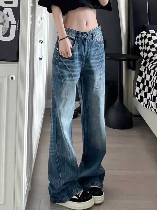 

Винтажные синие джинсы с принтом тай-дай, женские джинсы 2000-х годов в американском стиле ретро, широкие джинсовые брюки Y2k, уличная одежда с высокой талией, узкие брюки