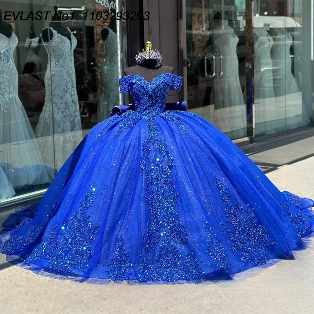 EVLAST Customized Elegant Royal Blue Ball Gown Quinceanera Dres Lace Applique Beading Bow Sweet 16 Vestidos De 15 Anos E1Q983