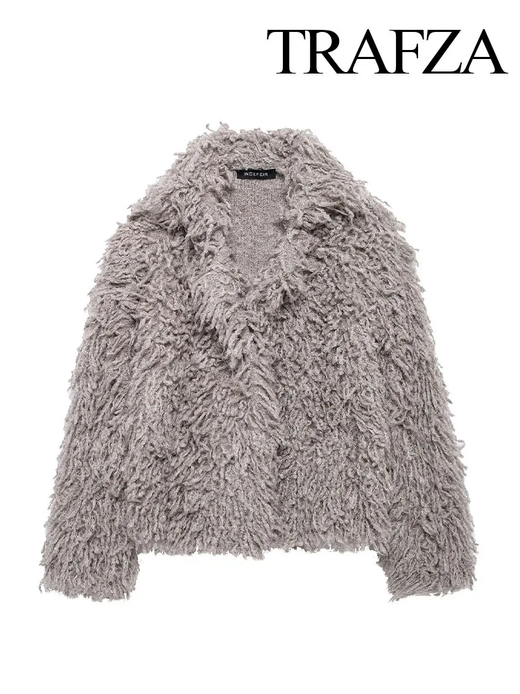 TRAFZA ผู้หญิง Faux FUR Effect แจ็คเก็ตสีเทาแขนยาว Turn-Down COLLAR หลวมฤดูหนาวหญิงแฟชั่น Casual WARM ...