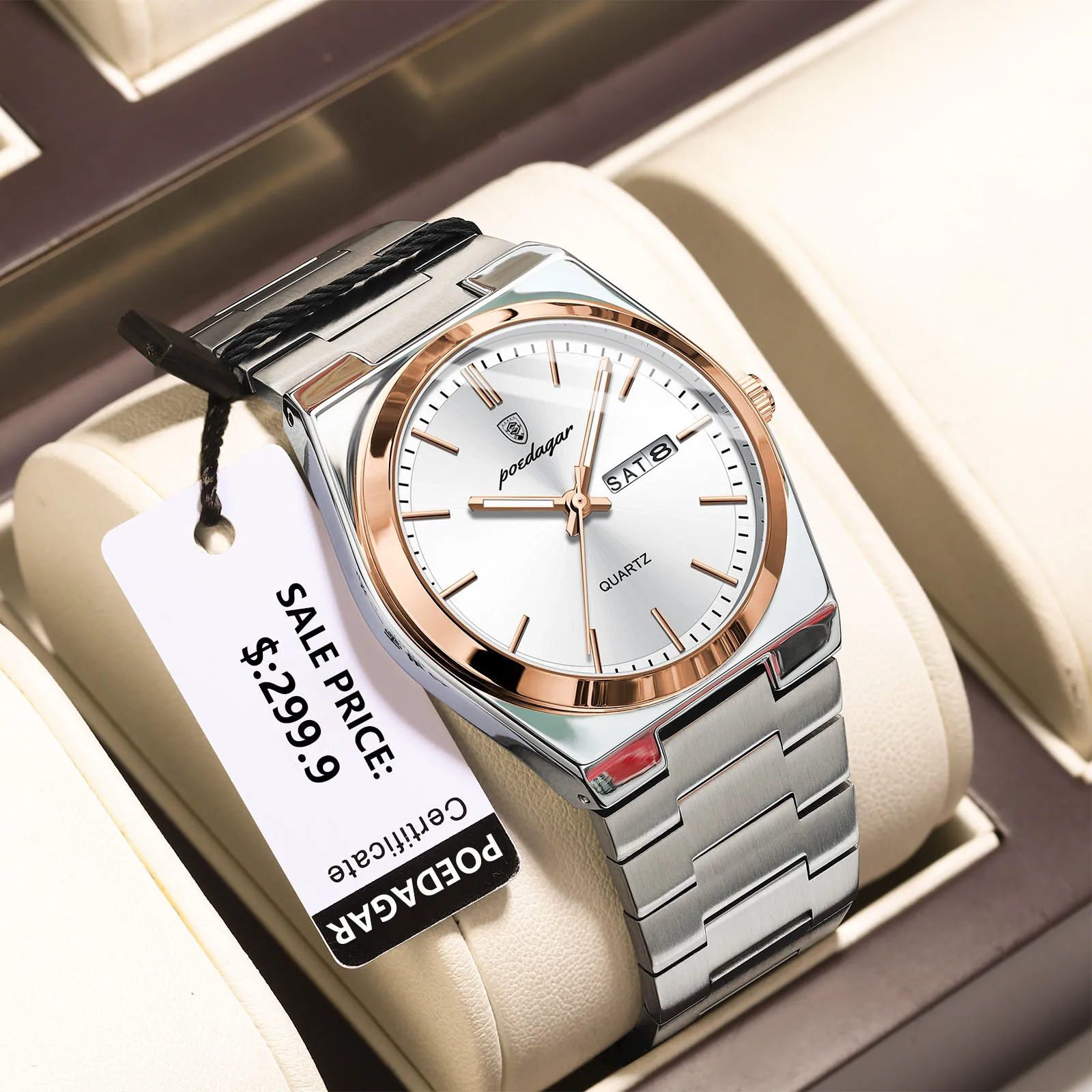 POEDAGAR Luxe herenhorloges Waterdicht Lichtgevende Datum Week Herenhorloge Roestvrij staal Casual Mode Quartz Man Polshorloge Reloj