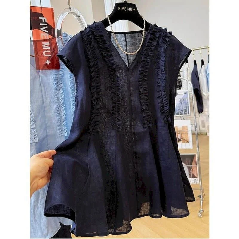 

Solid Vests V-neck Loose Casual Korean Style Sleeveless A Hemline Slightly Sheer Fabric Shirts 2026 Summer Tops Women Clothing