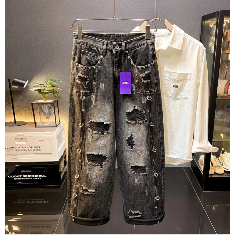 Loose straight leg ripped patch jeans men in autumn and winter 2025 new, stylish and stylish design, long pants