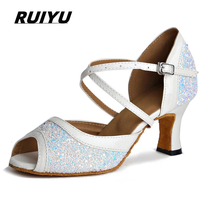 Summer Latin Dance Shoes Ladies Salsa Tango Ballroom Party Dancing Shoes Sequin White Blue Girls High Heel Sandals Jazz Sneakers