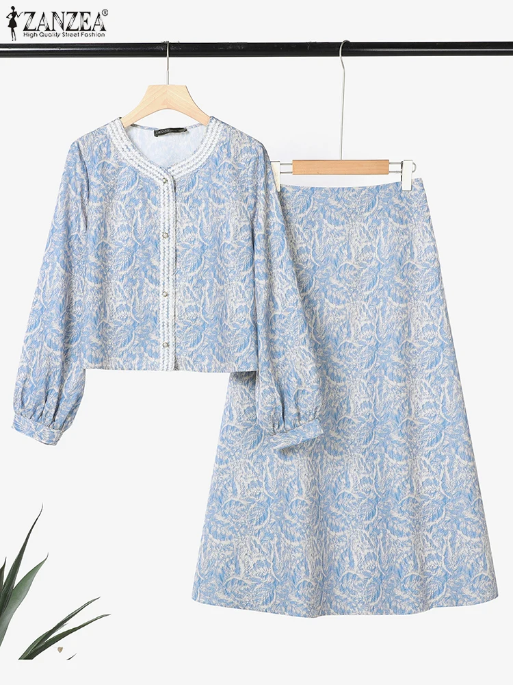 ZANZEA-Conjuntos de vestidos bohemios para mujer, 2 uds., camisas de manga larga acampanada, faldas largas, trajes de 2 piezas con estampado Floral Vintage, otoño 2025