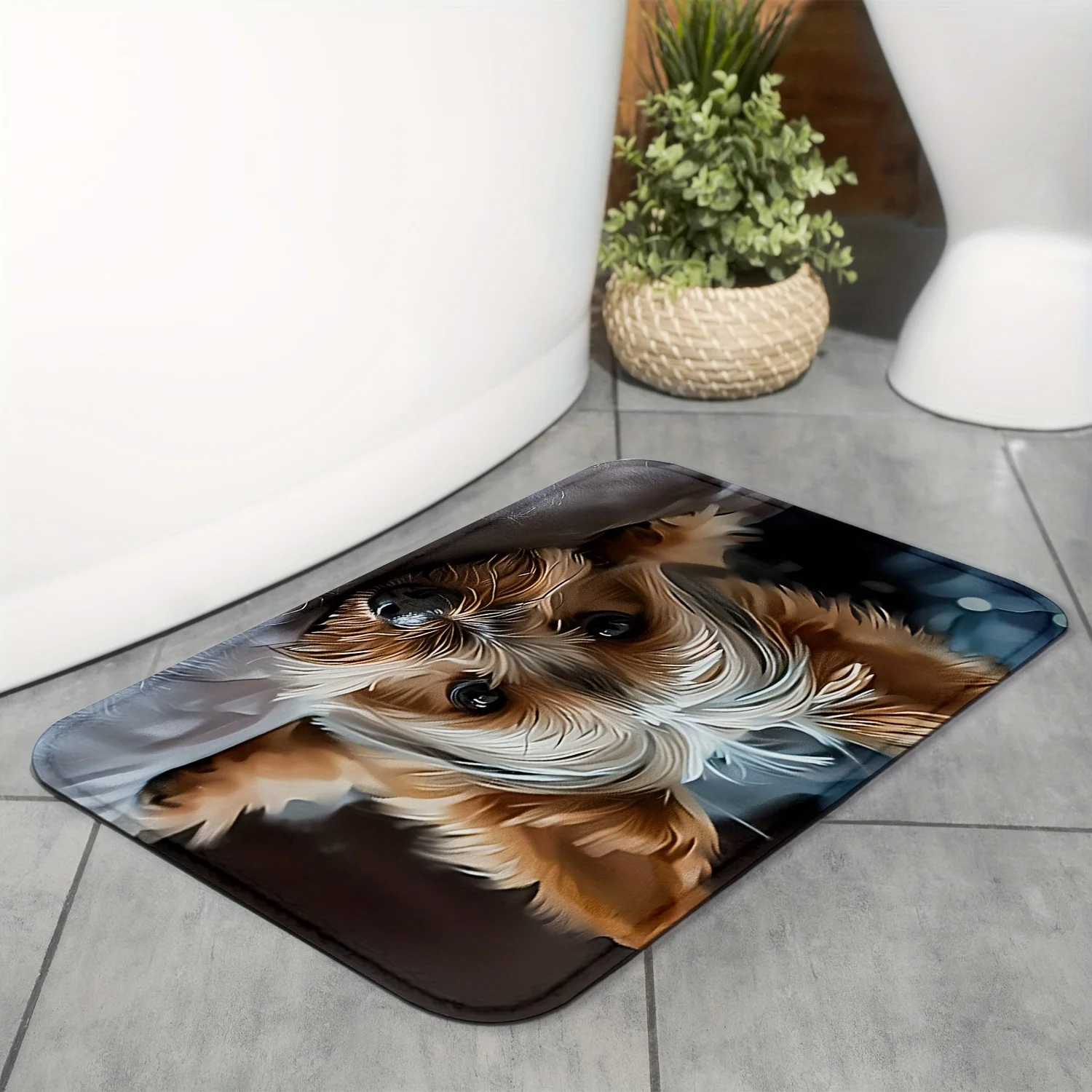 Realistic Yorkshire Terrier Flannel Pet Mat, Adorable Dog Print Anti-Slip Absorbent Rug for Bedroom & Bathroom, Machine Washable