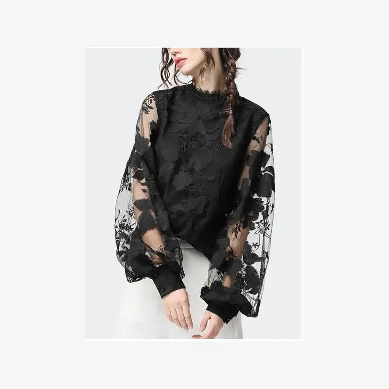 

Women's Lace Bubble Sve Transparent round Ne Top irt Cus Design Service Clothing Cusization Faion Accories