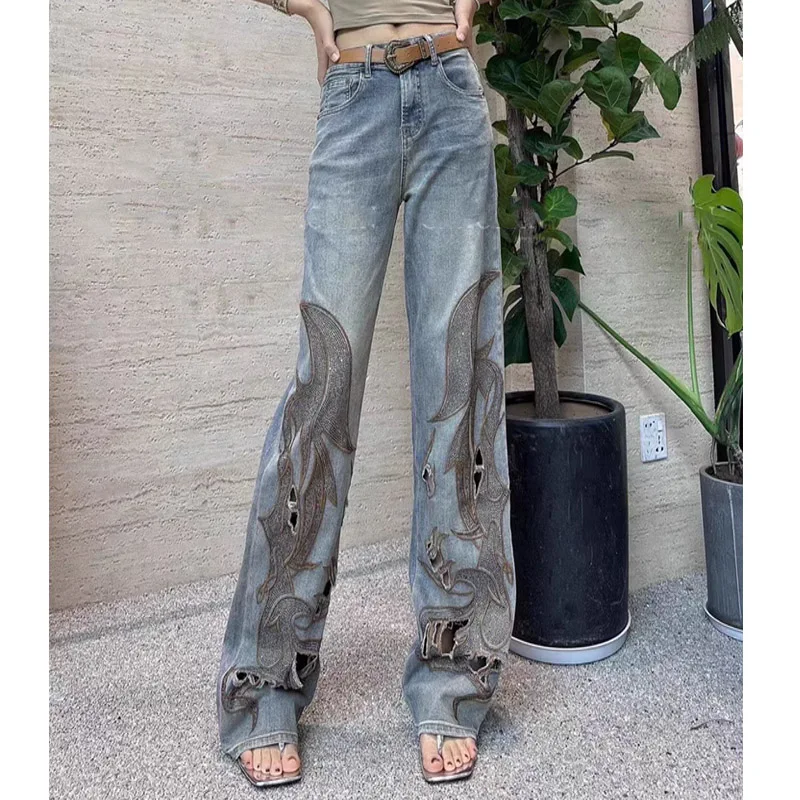Women's High Waist Straight Leg Jeans Summer New Style Heavy Embroidery Diamond Studded Long Floor Length Slimming Effect