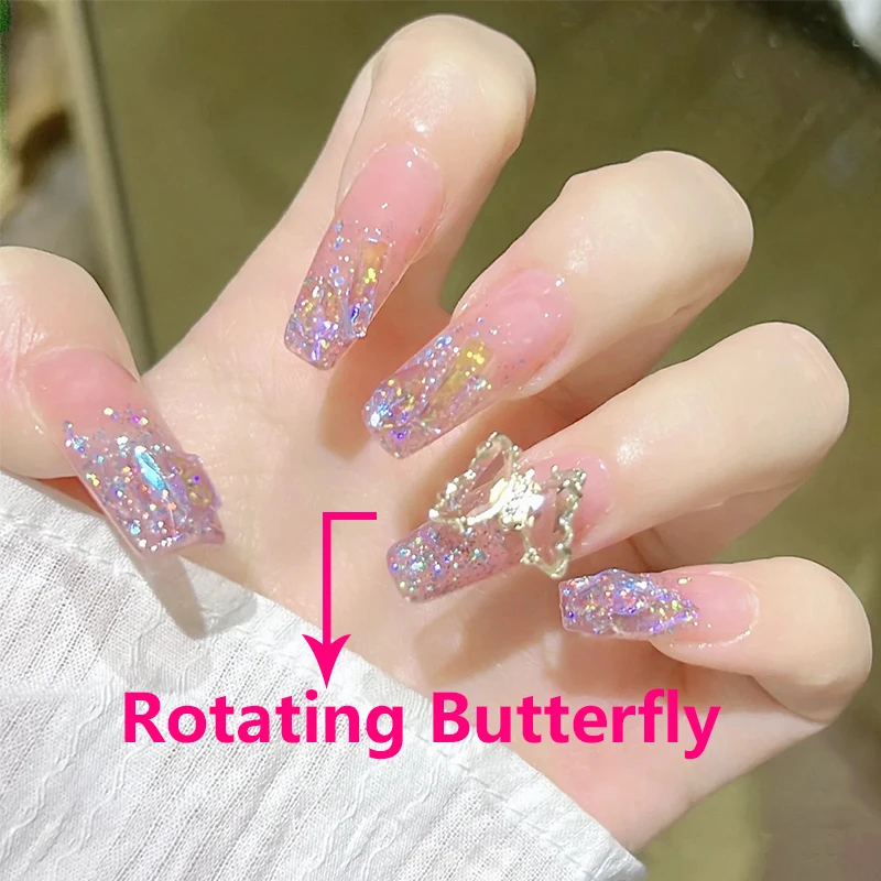 

24pcs Detachable Fake Nails Shiny Pink Finished Fingernails Ballet Press On False Nails Rotatable Butterfly Full Cover Nails Tip