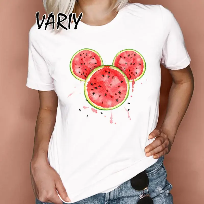 FunnyTee-Camiseta básica de Mickey Mouse para mujer, camiseta informal de fruta con cuello redondo, camiseta blanca Hipster Harajuku de verano 2024