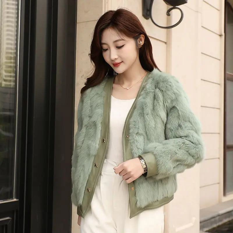 Automne et hiver nouveau manteau de fourrure de lapin Rex femmes mode col en v manches longues veste de fourrure femme décontracté vêtements d'extérieur amples