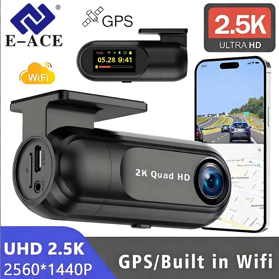 E-ACE 2K Car Dash Camera Car DVR Night Vision Video Recorder DashCam Optional GPS Wi-Fi Support 24H Parking Monitoring Black Box