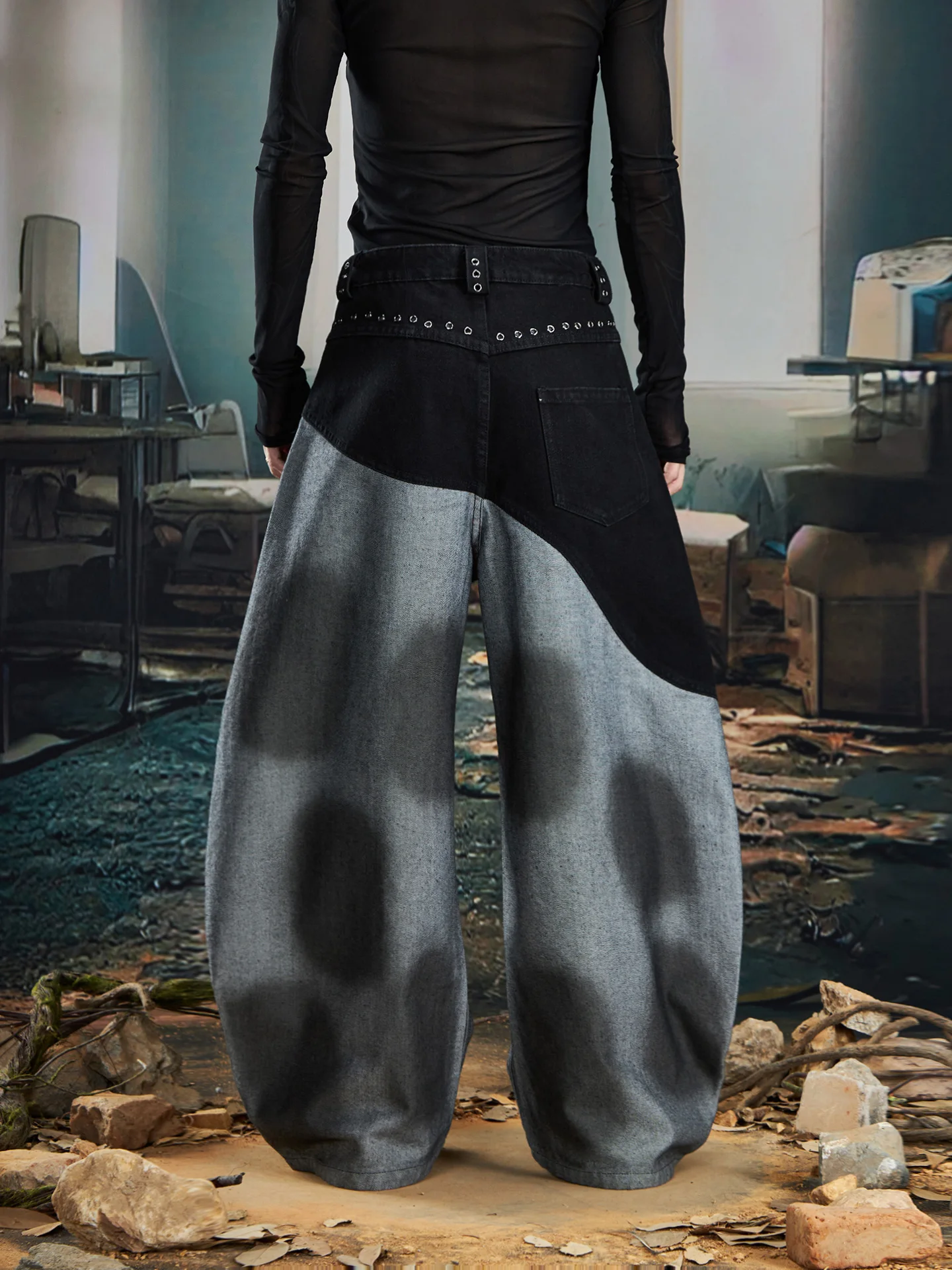 Design Light Asia Niche Stitching Contrast Color Spray Painting Wide Leg Machete Jeans Trousers Men's and Women's Pants Fashion