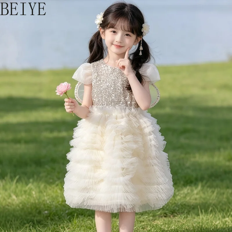 

Girls Princess New Summer Dress Children's Sequined Cake Sweet Style Birthday Dress Kids High Street Casual Party Dress