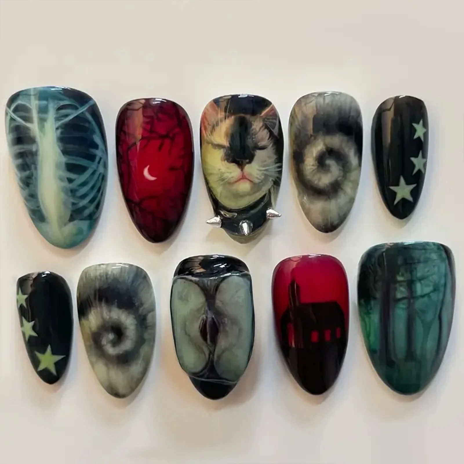 Faux ongles faits à la main, Style noir foncé, Y2k Star Horor Foreat, dessins à pression, Halloween, amande portable, 10 pièces
